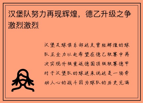 汉堡队努力再现辉煌，德乙升级之争激烈激烈
