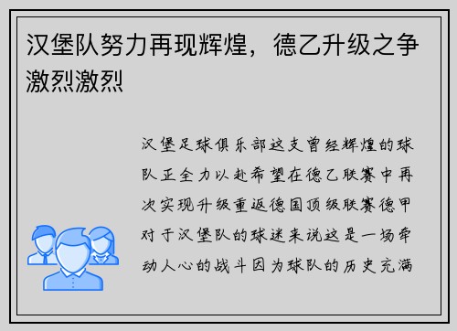 汉堡队努力再现辉煌，德乙升级之争激烈激烈