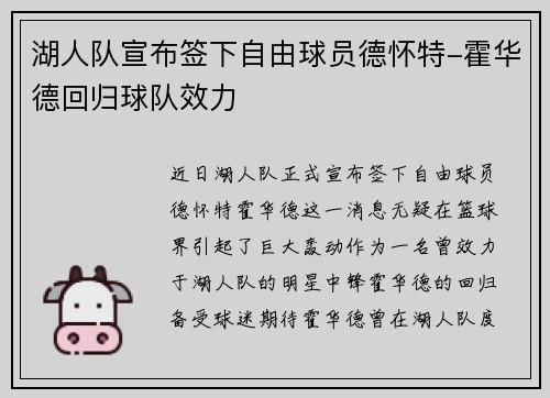 湖人队宣布签下自由球员德怀特-霍华德回归球队效力